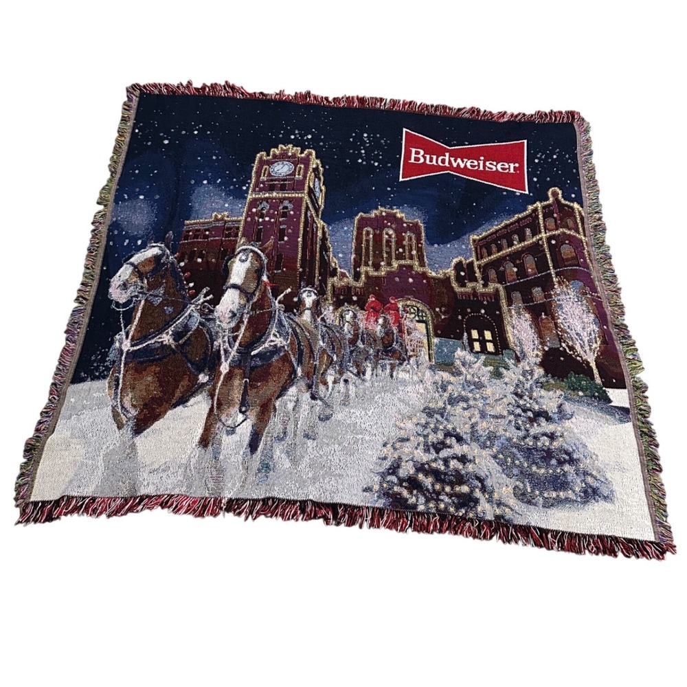 Budweiser Clydesdale Winter Brewery Woven Tapestry Throw Blanket 100% Cotton